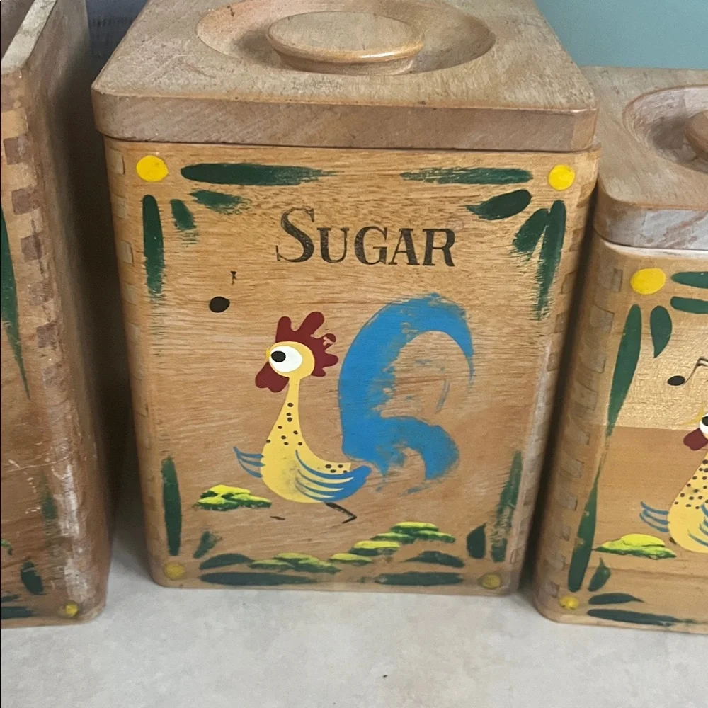 Vintage*Wood Rooster/ Rustic Wooden Kitchen Canister Set with Rooster Design